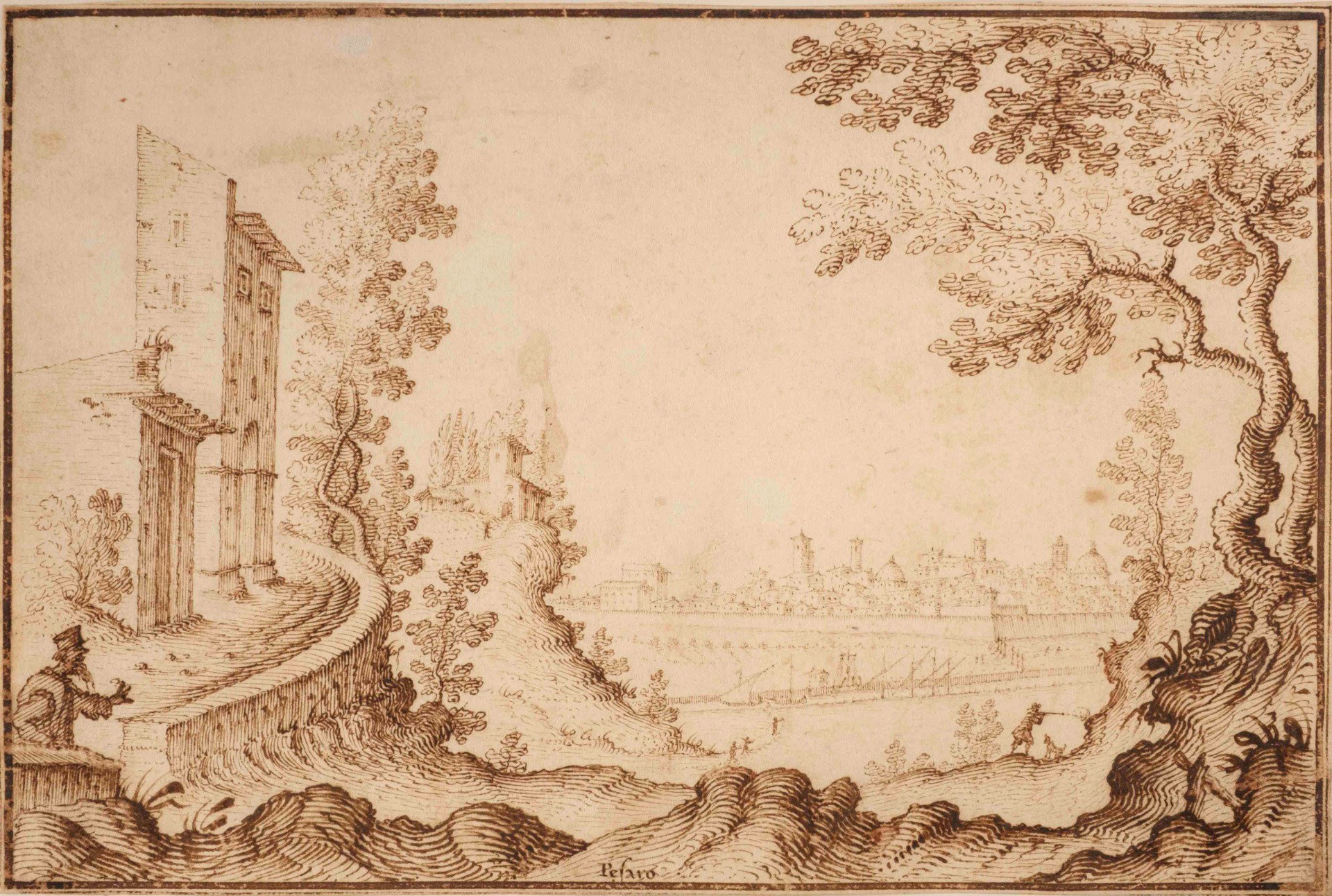 Remigio Cantagallina, Vista de Pesaro, Pluma sobre papel de tinta